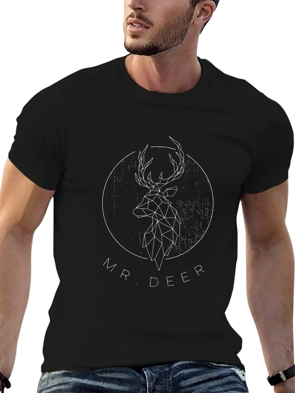 Geometric Deer Graphic Print Tee - Black