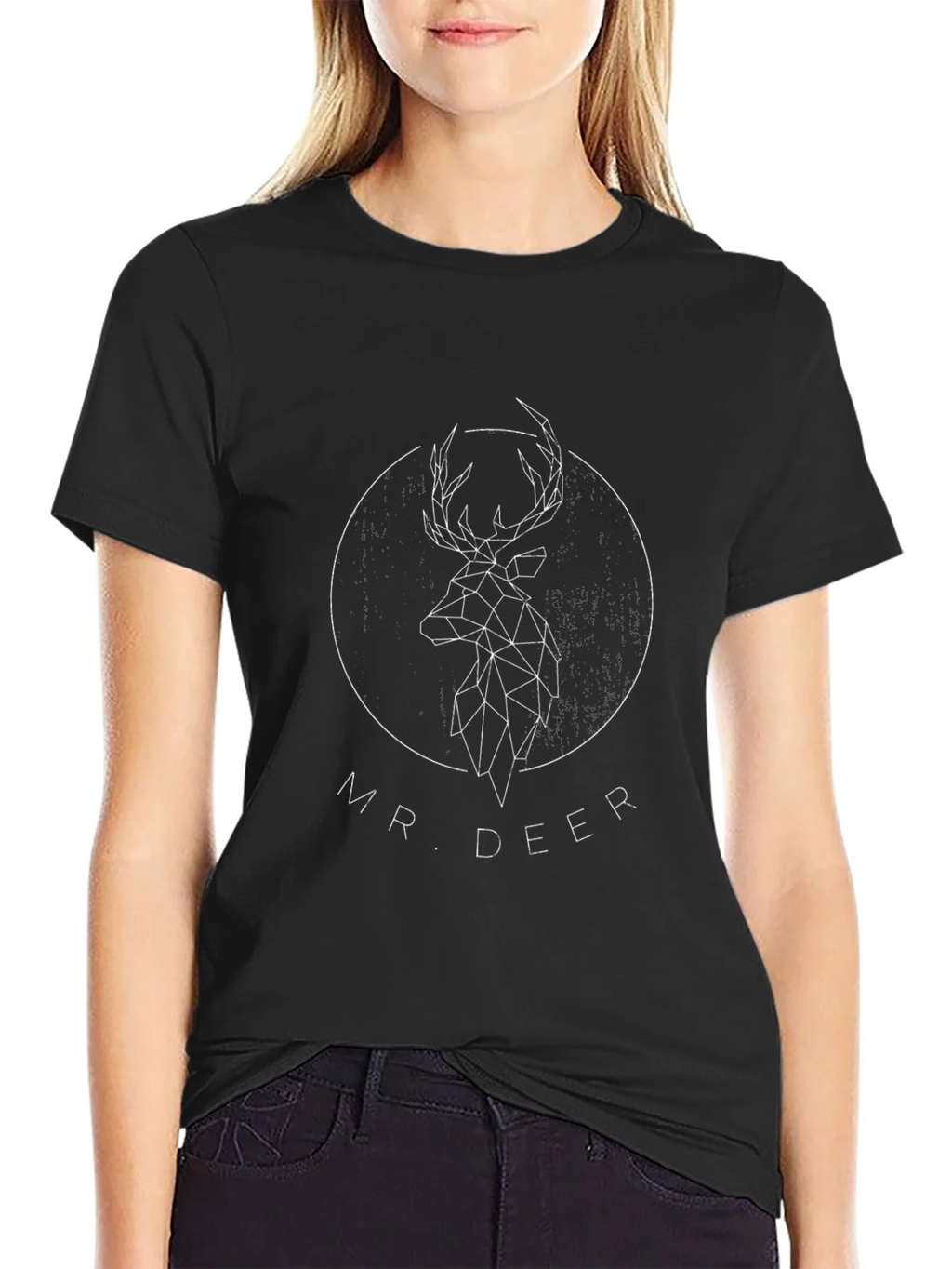 Geometric Deer Graphic Print Tee - Black