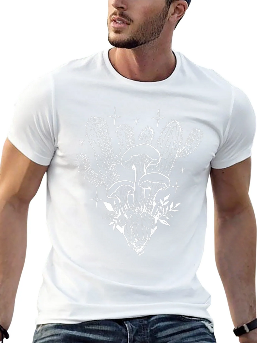 Black T-Shirt with Mushroom Cactus Graphic