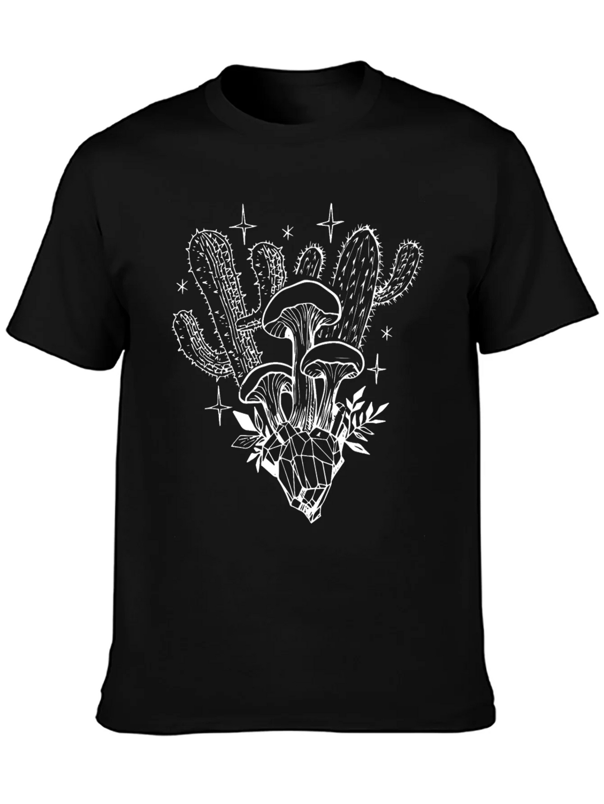 Black T-Shirt with Mushroom Cactus Graphic