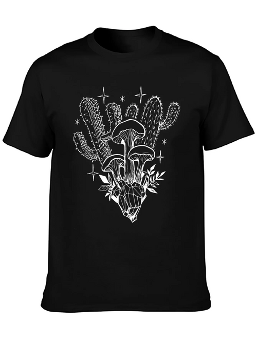 Black T-Shirt with Mushroom Cactus Graphic