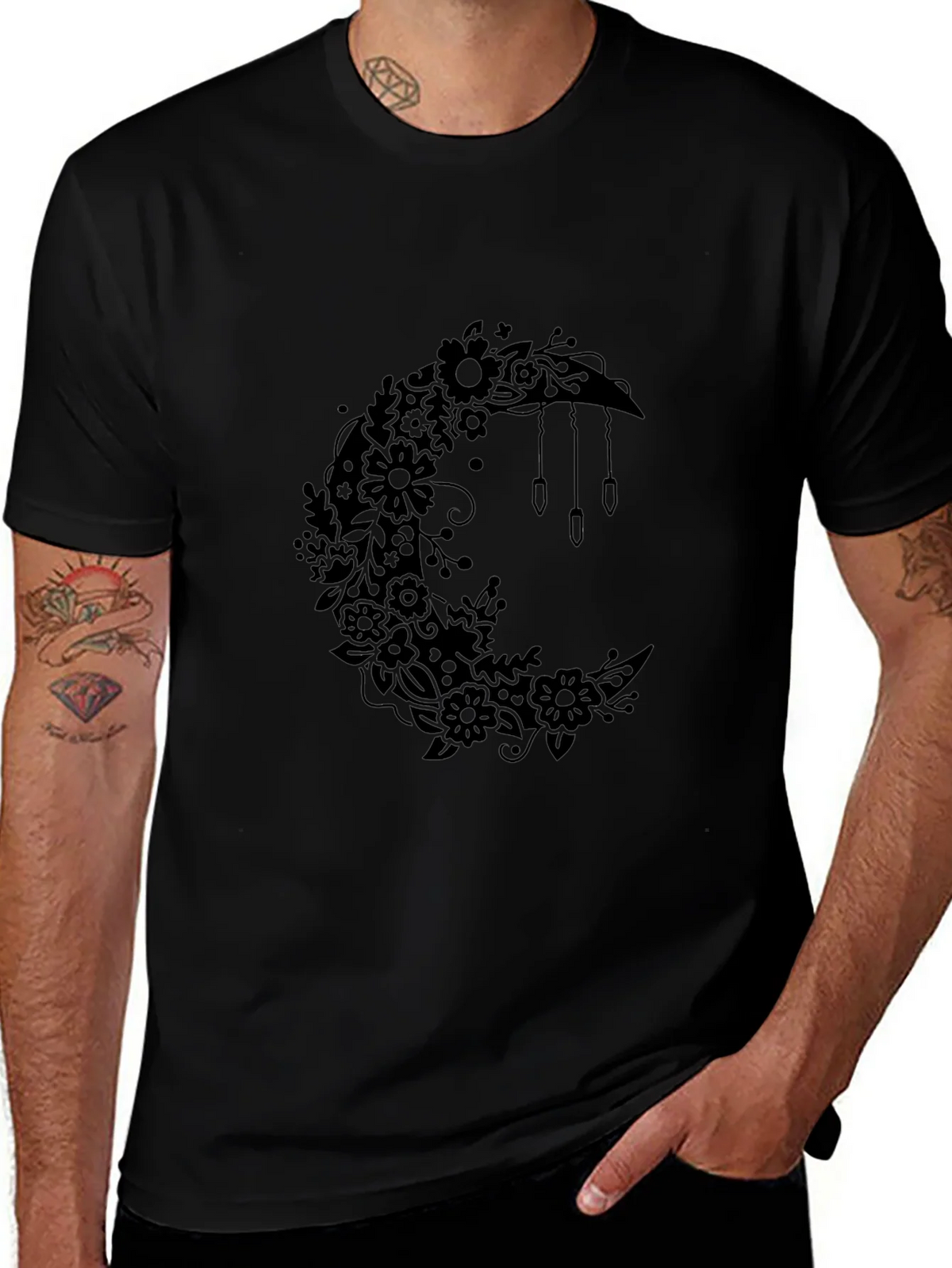 Floral Moon Graphic Tee - Black Cotton Comfort