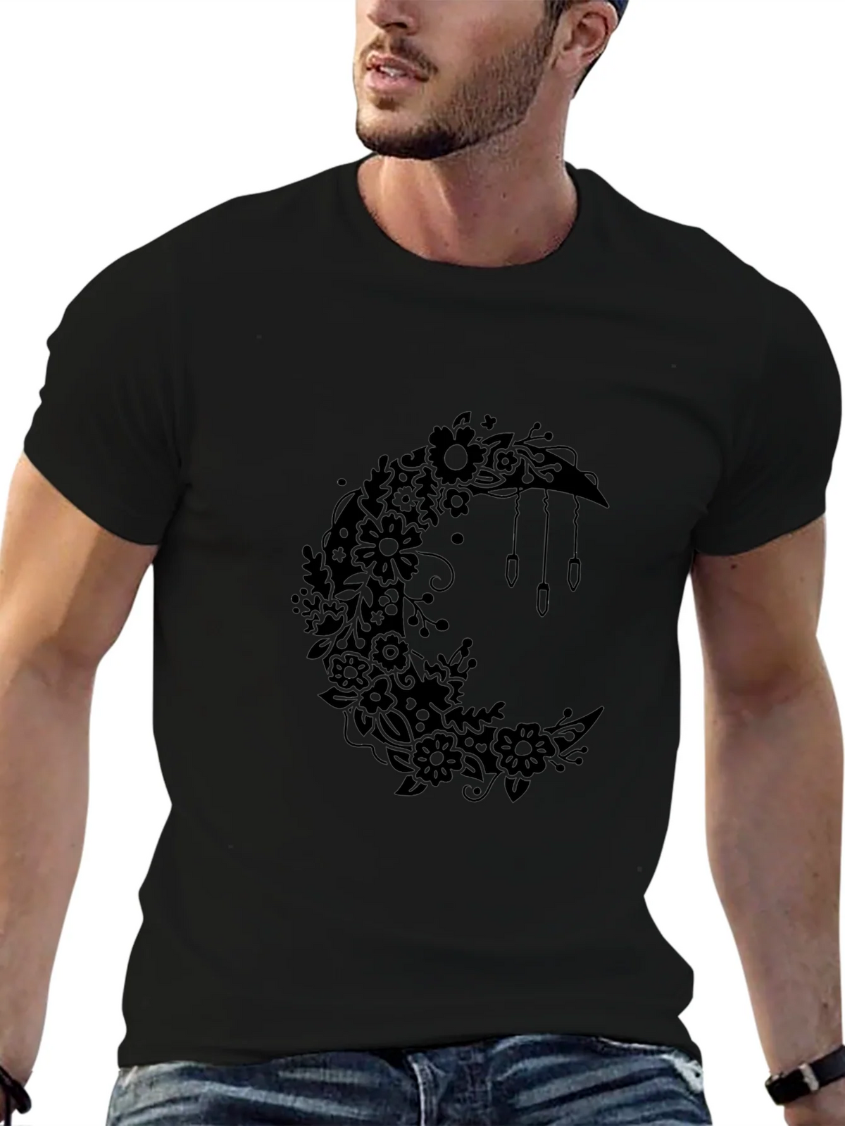 Floral Moon Graphic Tee - Black Cotton Comfort