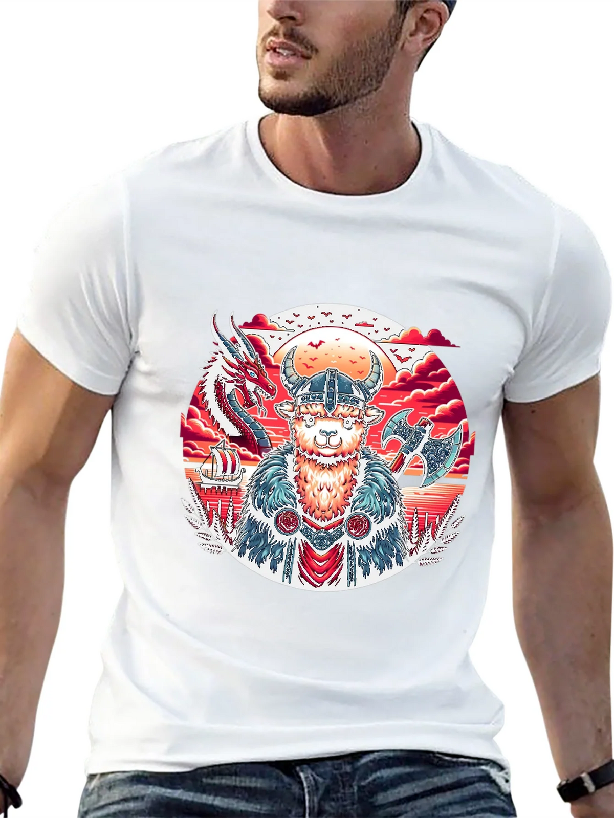 Viking Llama Graphic Tee - Black Cotton T-Shirt